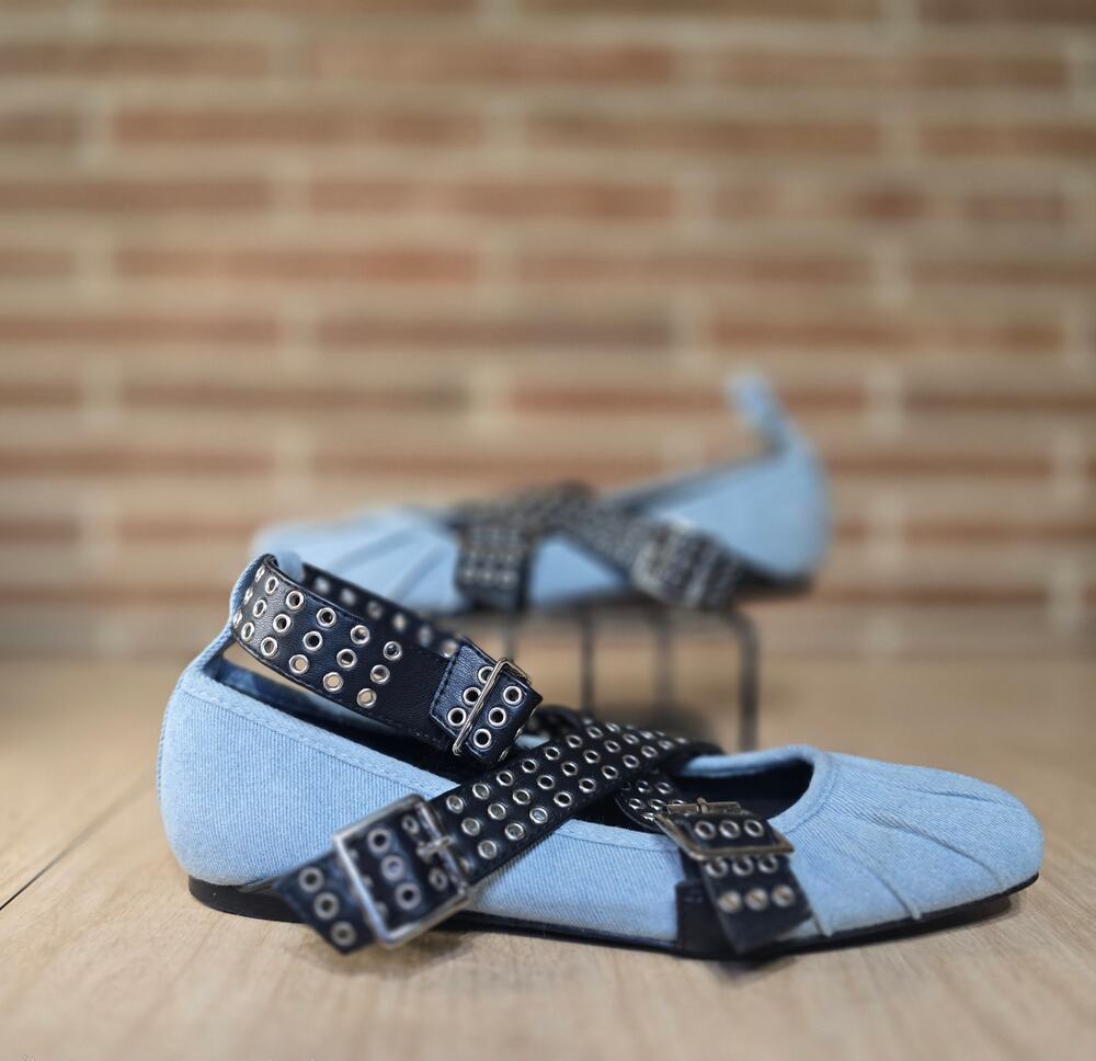 AZALEA WANG Kennith Denim Studded Ballet Flats - Punk/Gothic Strap Buckle Shoes